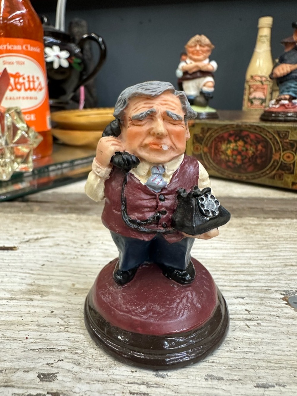 Vintage Businessman Figurine Rotary Phone Office Worker Caricature Statue Decor